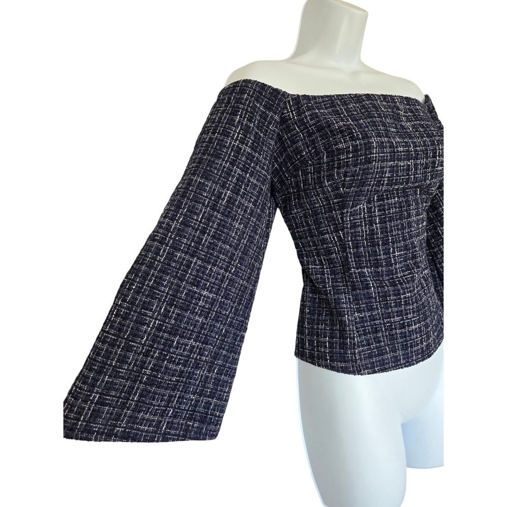 Zara Navy Tweed Off Shoulder Top L Flare Sleeve Office Siren Mod Retro Tailored - Picture 4 of 11